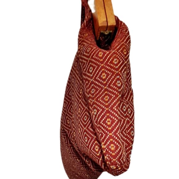 Large 1940s Vintage Red Print Cotton And Wood Frame Knitting Tote Bag Purse - Picture 4 of 5